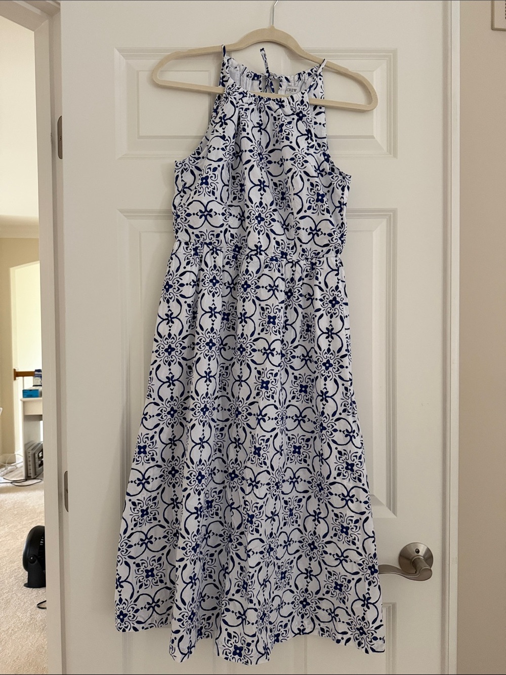 J. Crew Factory White Halter Midi Dress with Blue Tile Print